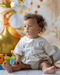 Load image into Gallery viewer, mace and co kids clothing dubai, romper with cotton shirt and linen bottoms in a sand beige colour, outfit for boys infant age to toddler. Pefect for special occasions, birthday parties and playtime.