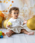 Load image into Gallery viewer, mace and co kids clothing dubai, romper with cotton shirt and linen bottoms in a sand beige colour, outfit for boys infant age to toddler. Pefect for special occasions, birthday parties and playtime.