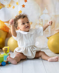 Load image into Gallery viewer, mace and co kids clothing dubai, romper with cotton shirt and linen bottoms in a sand beige colour, outfit for boys infant age to toddler. Pefect for special occasions, birthday parties and playtime.