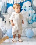 Load image into Gallery viewer, mace and co kids clothing dubai, linen fabric material dungaree shorts, for boys ages infant, toddler and kids up to seven years old, perfect for playtime, parties and casual wear.