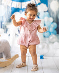 Load image into Gallery viewer, mace and co kids clothing dubai romper with frill collar in baby pink colour, linen fabric material, for girls ages infant, toddler and ages up to seven years old, perfect for parties, special occasions and formal events.