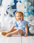 Load image into Gallery viewer, mace and co kids clothing dubai, romper with bow back insky blue colour, linen fabric material, for girls ages infant, toddler up to seven years old, perfect for birthday parties, special occasions and formal wear.