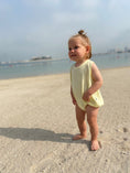 Load image into Gallery viewer, mace and co kids dubai linen romper in lemon colour, unisex, ages 12-18 months, perfect for casual wear, beach, playtime and parties