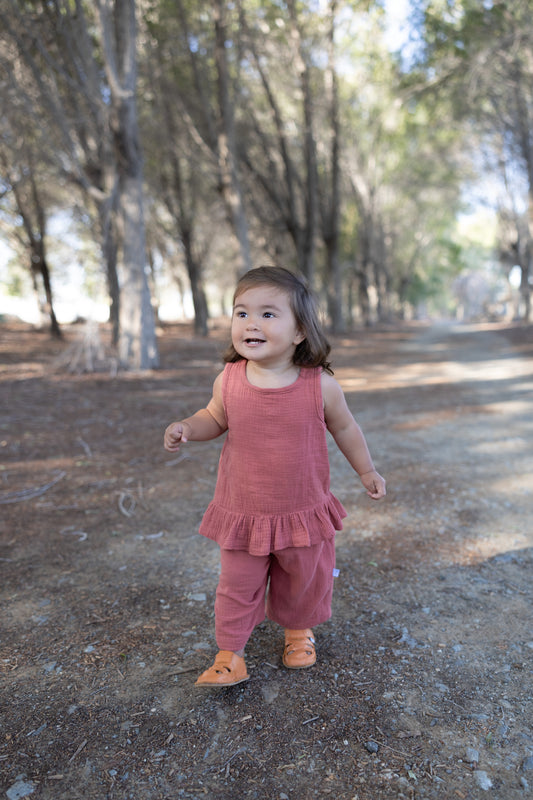 mace and co kids Dubai muslin cotton top and pants two piece set, rustic brown colour, ages 12-18 months, front view, perfect for casual wear, parties and playtime