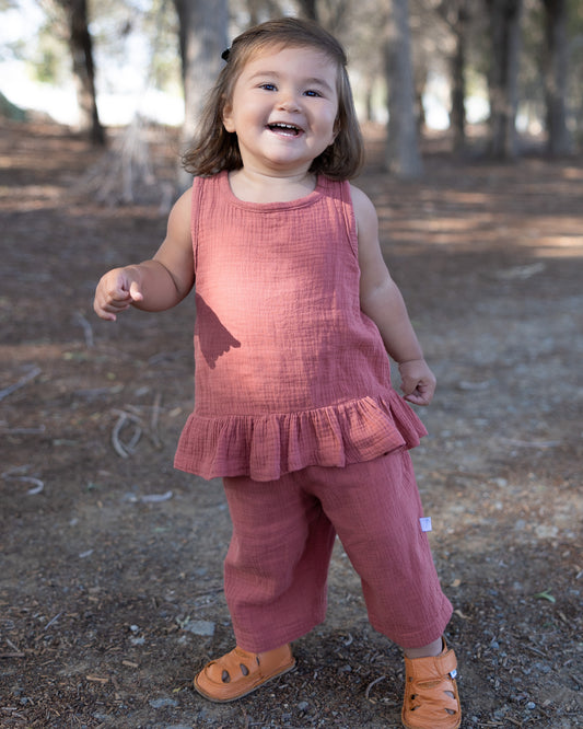 mace and co dubai kids top and pants two piece set in muslin cotton material, for girls, rustic brown colour, perfect for casual wear, playtime and parties.