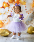Load image into Gallery viewer, mace and co kids clothing dubai tulle dress in purple and white colour, for girls ages up to seven years old, including infant and toddler. Perfect for special occasions, birthday parties and playtime.