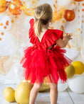 Load image into Gallery viewer, mace and co kids clothing dubai, tutu dress with frills and open back, for girls ages up to seven, including infants and toddlers, red colour, perfect for special occasions, birthday parties and formal events.