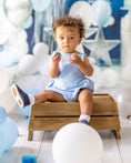 Load image into Gallery viewer, mace and co kids clothing dubai buttoned romper in sky blue colour, linen fabric material, unisex design for boys and girls, ages infant, toddler and up to kids aged seven, perfect for parties, casual wear and playtime.