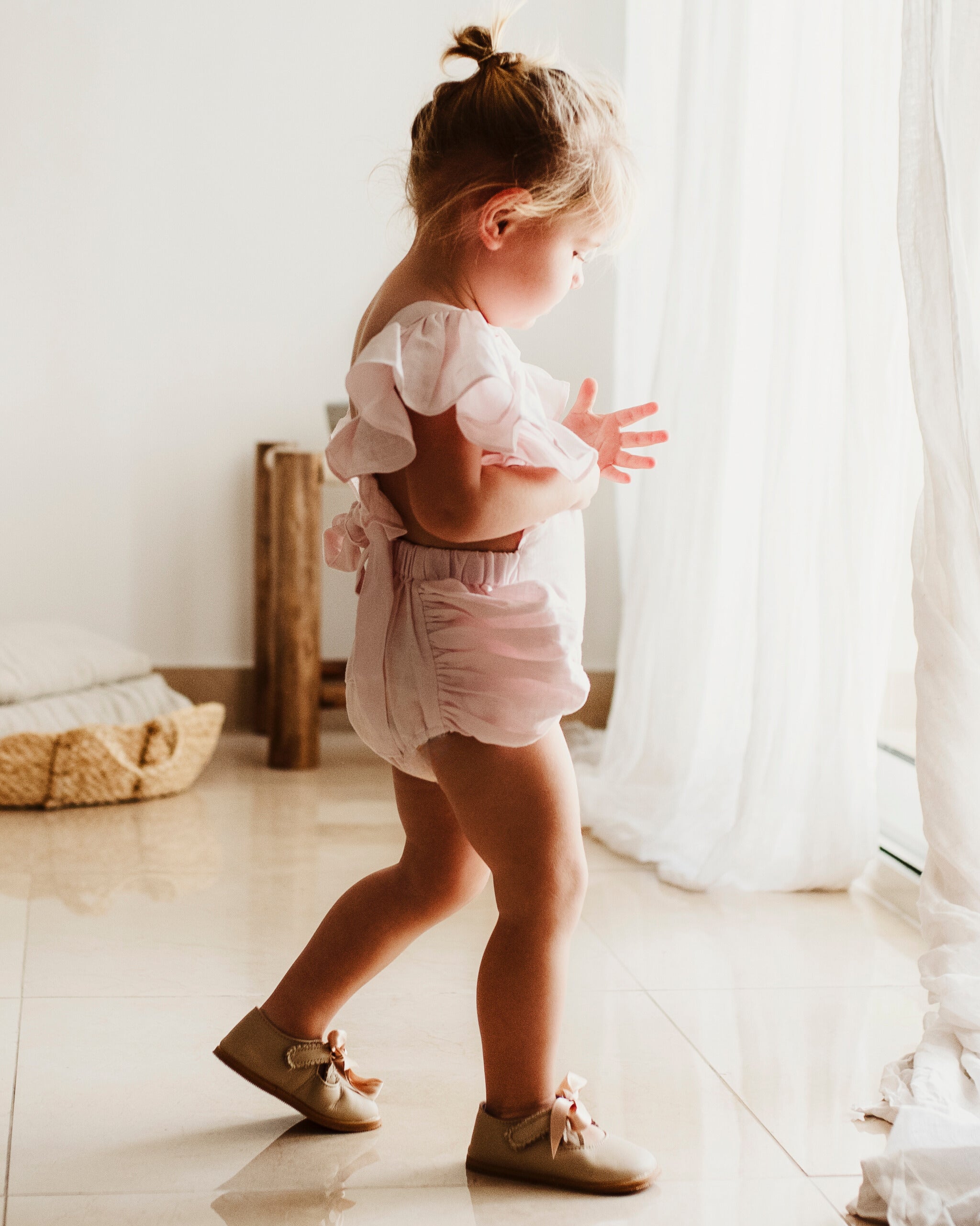 Pre-Made: Linen Lilly Bow Romper - Baby Pink