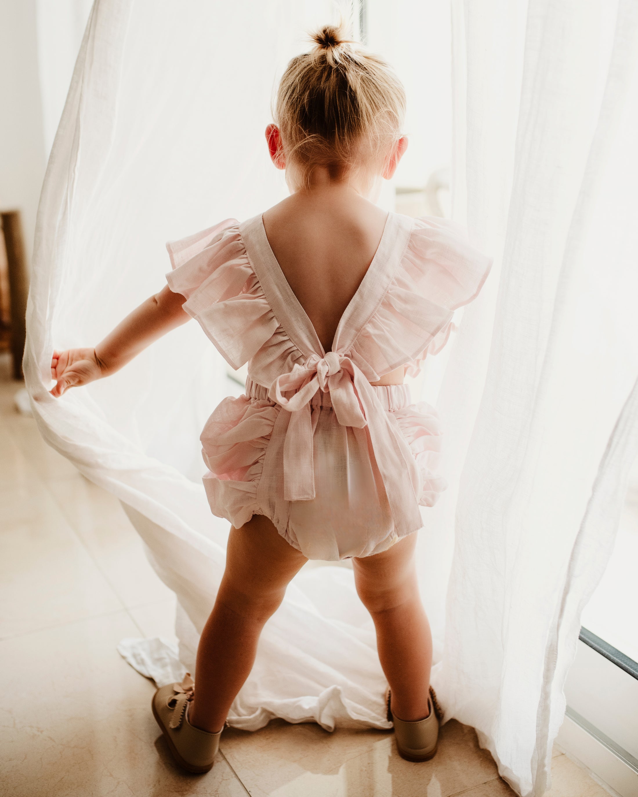 Pre-Made: Linen Lilly Bow Romper - Baby Pink