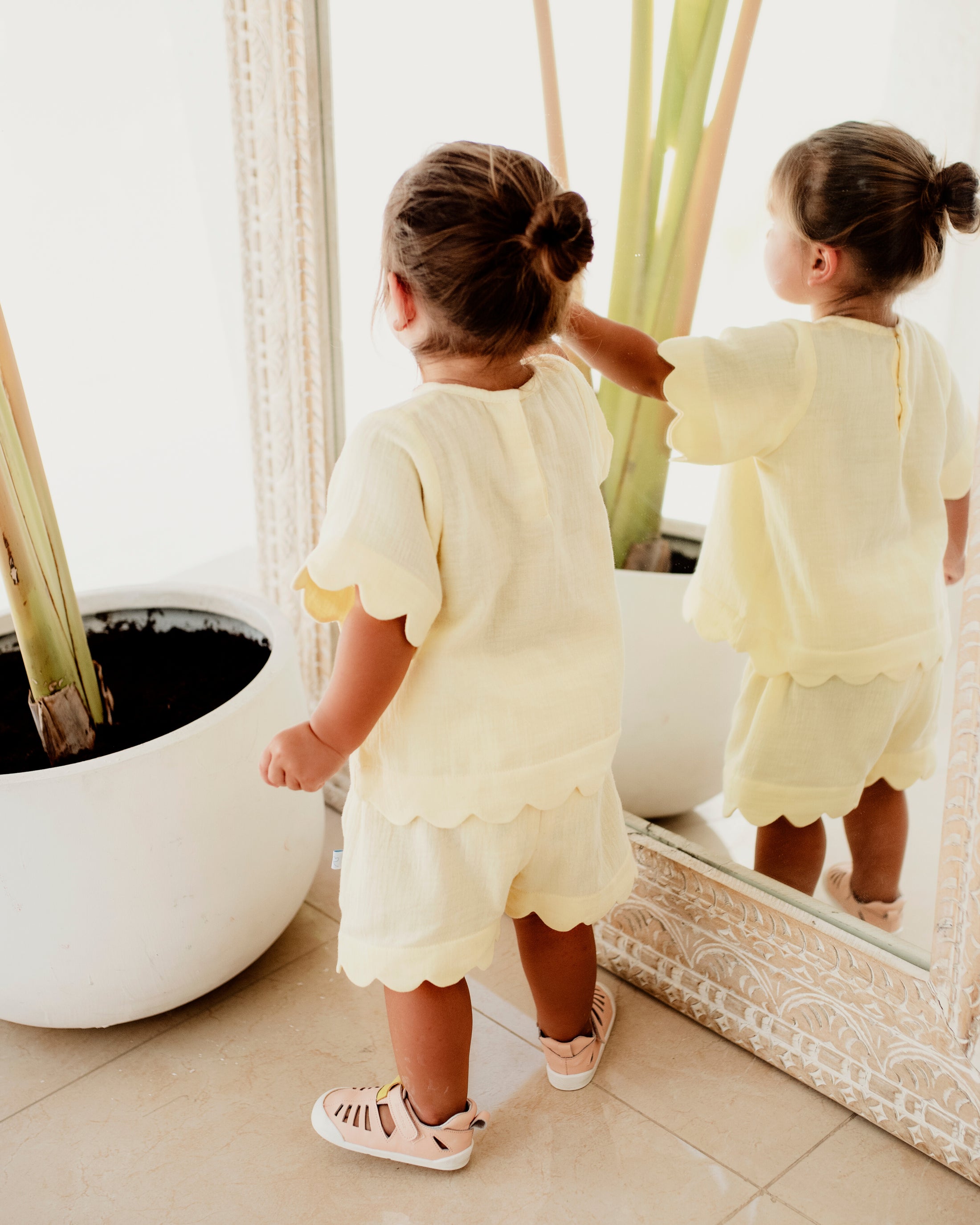 Pre-Made: Muslin Scallop Top & Shorts Set - Lemon