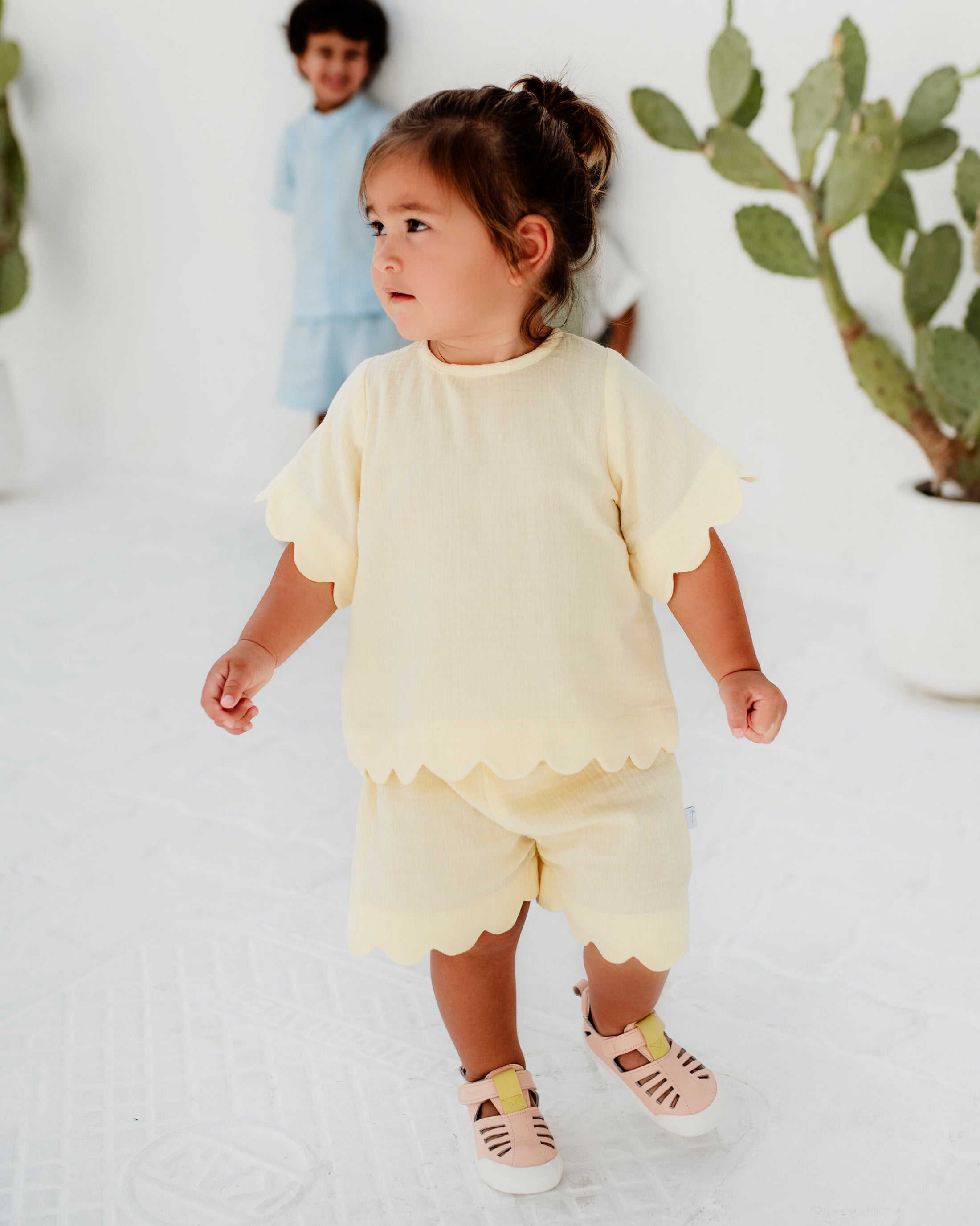 Pre-Made: Muslin Scallop Top & Shorts Set - Lemon