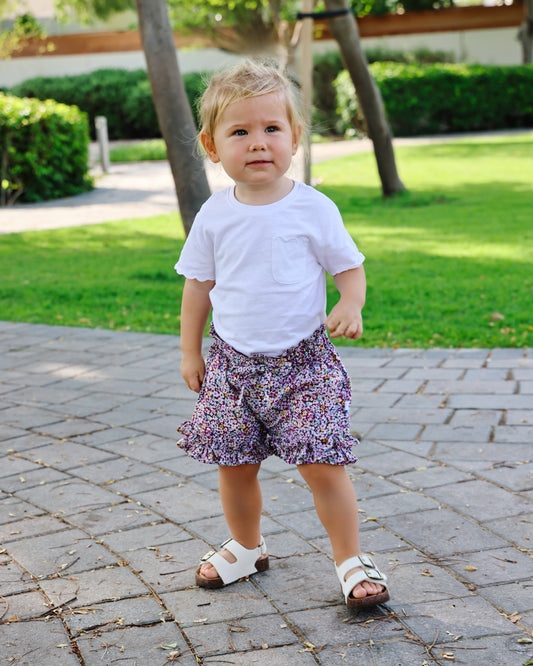 Mace and co kids Dubai Cotton floral shorts for girls, front view. Perfect for playdates, parties and casual wear