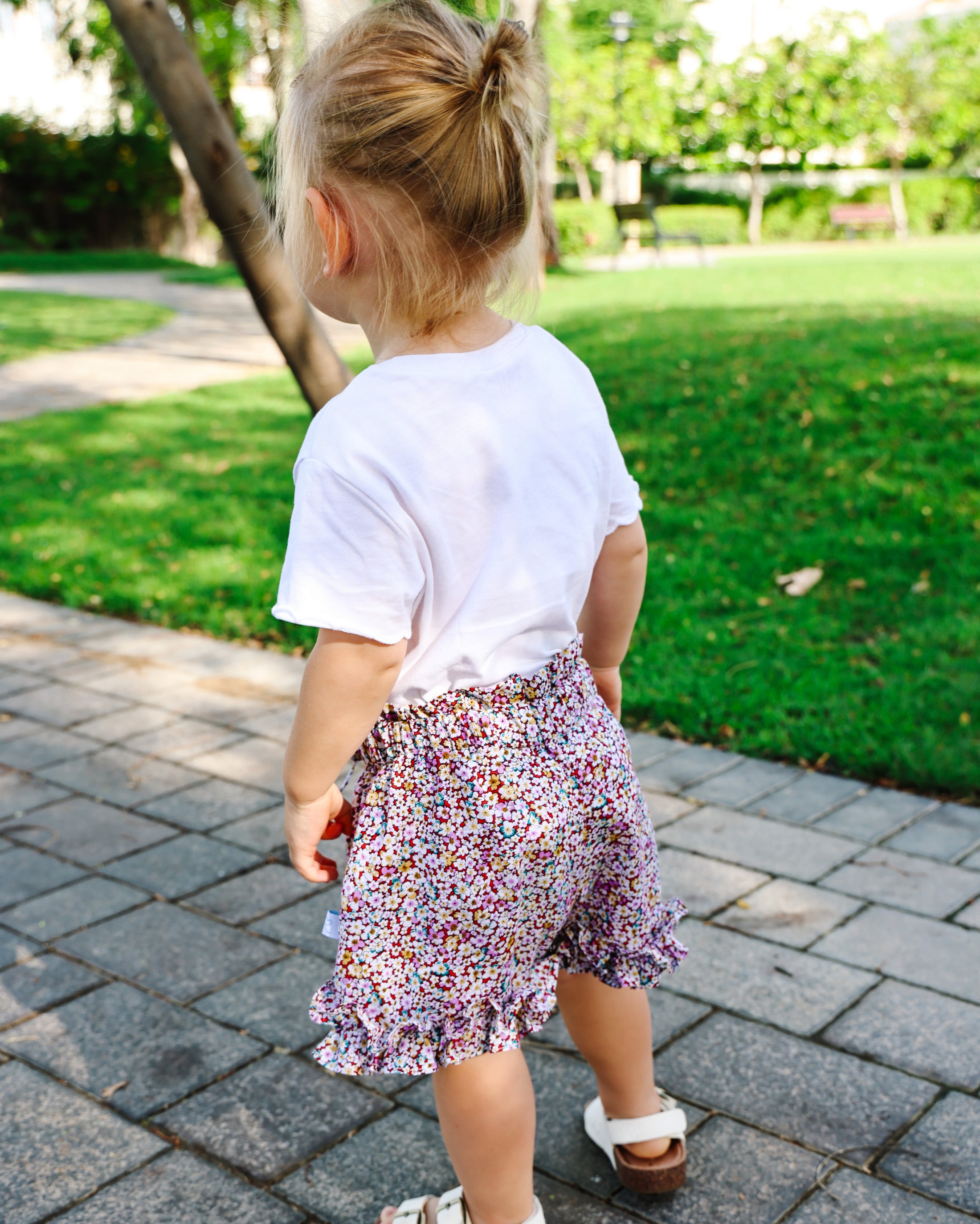 Mace and co kids Dubai Cotton floral shorts for girls, side view. Perfect for playdates, parties and casual wear