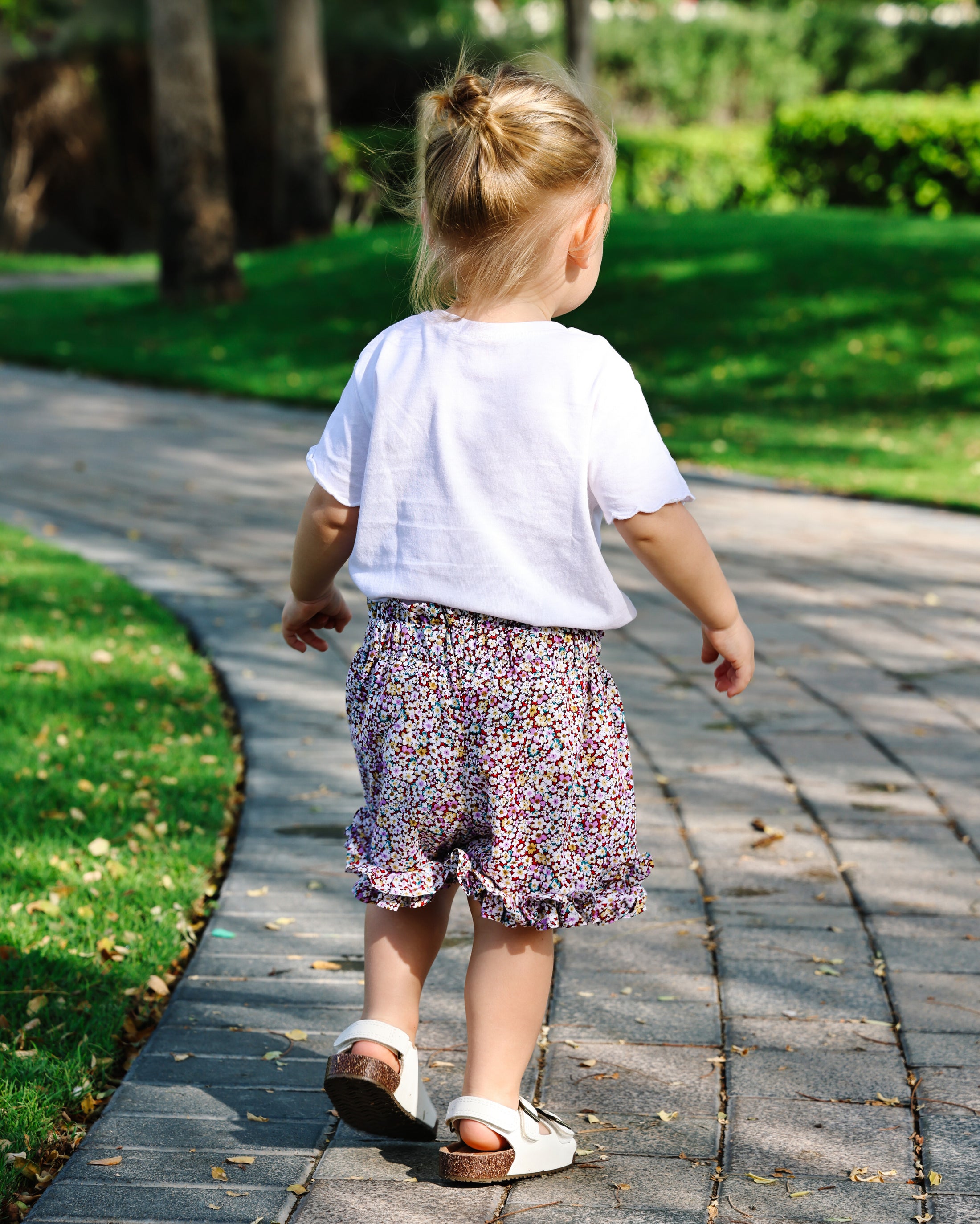 Mace and co kids Dubai Cotton floral shorts for girls, back view. Perfect for playdates, parties and casual wear