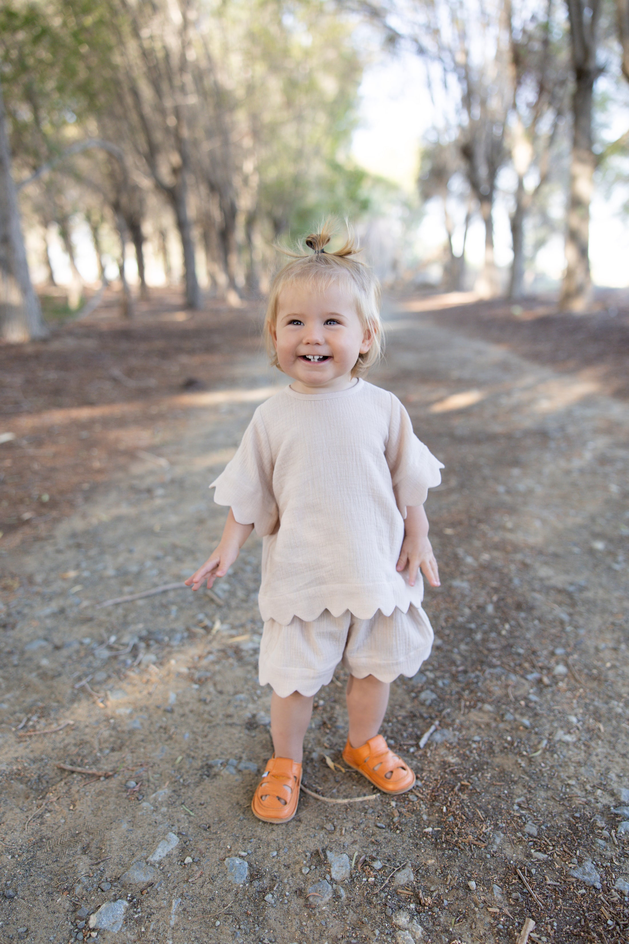 Pre-Made: Muslin Scallop Top & Shorts Set - Light Beige