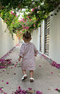 Load image into Gallery viewer, Mace and co Kids Dubai Cotton Floral Dress for girls up to ages 7, back view. Limited edition, perfect for parties, playdates and special occasions
