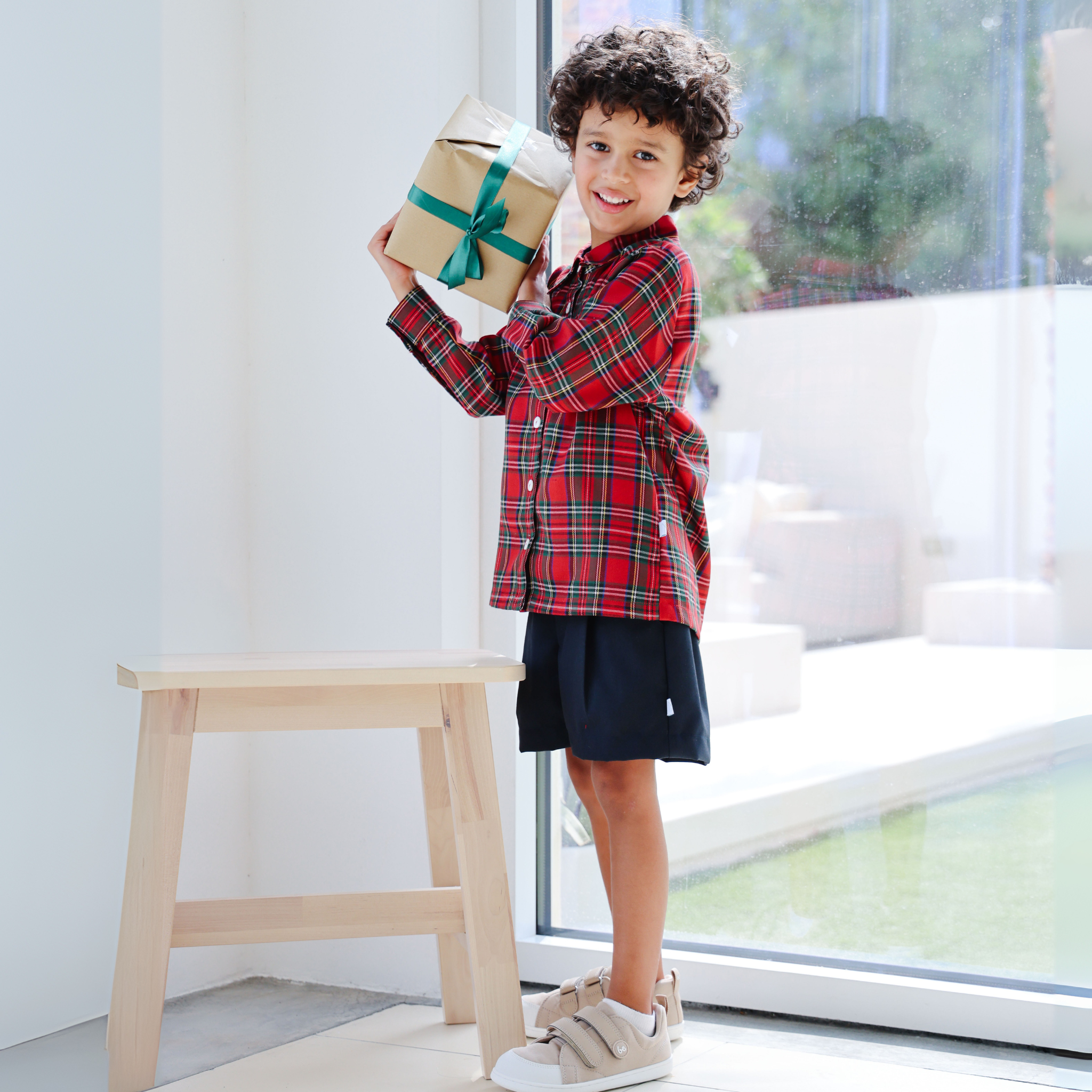 Long-Sleeved Tartan Shirt & Shorts Set