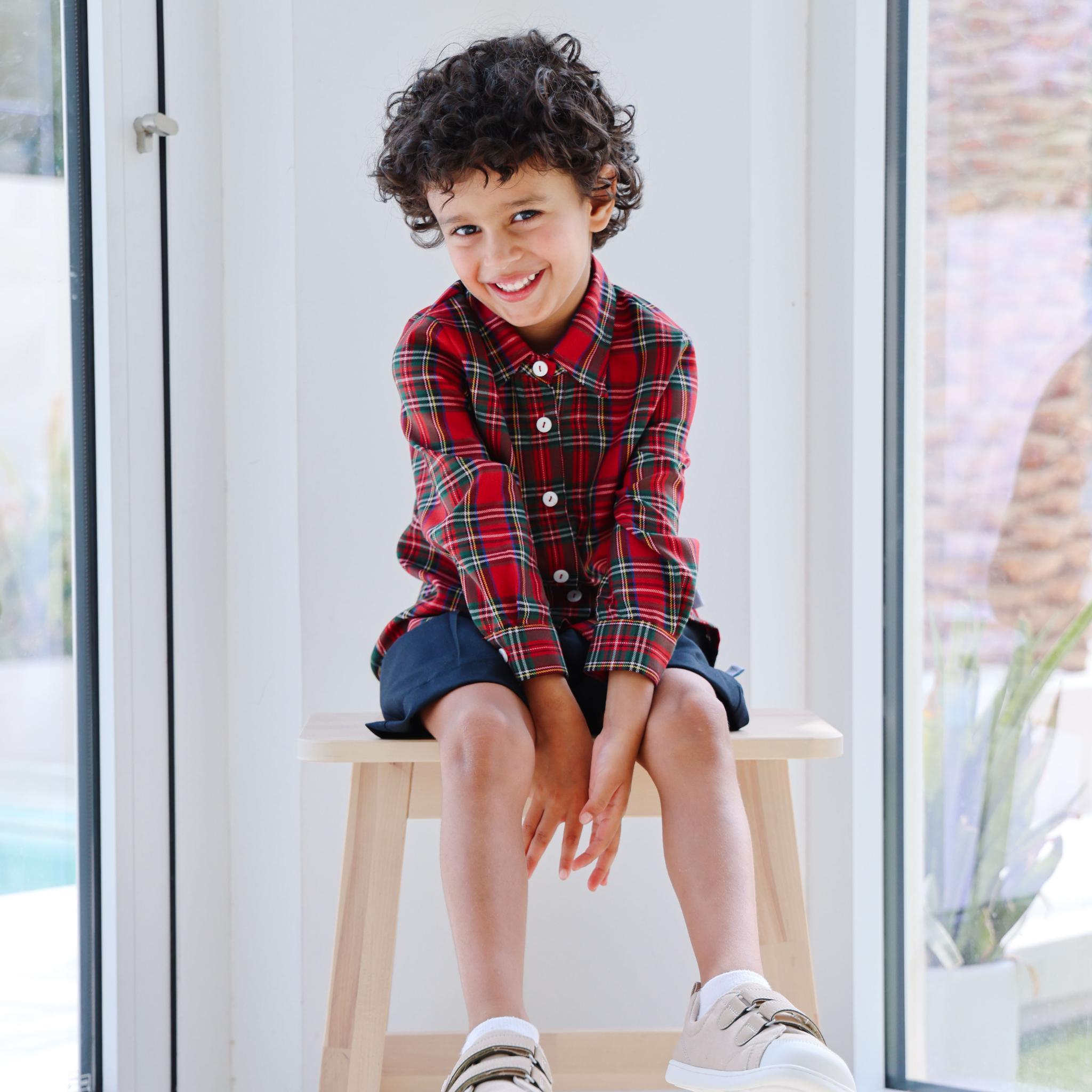 Long-Sleeved Tartan Shirt & Shorts Set