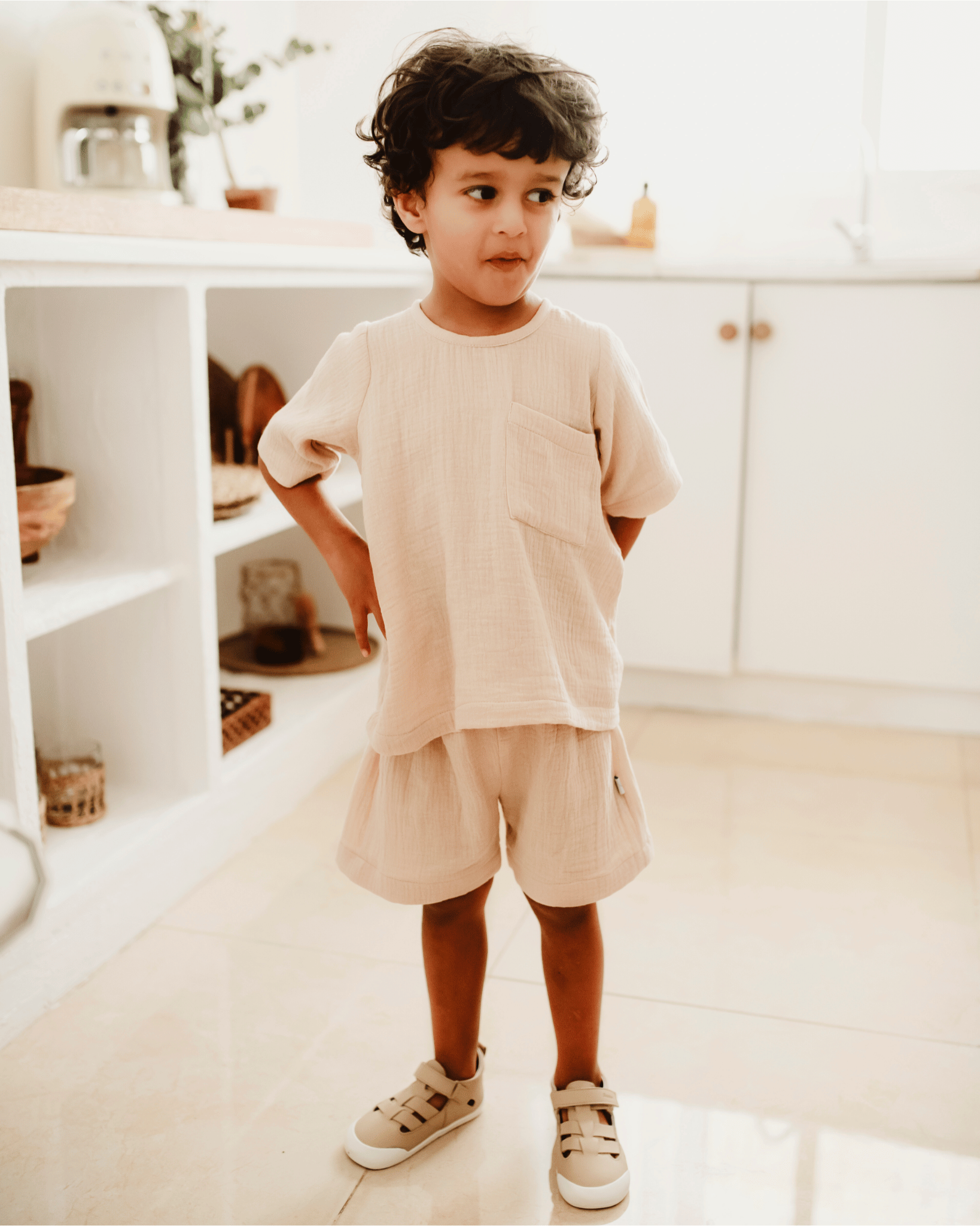 Pre-Made: Muslin Pocket Top & Shorts Set - Light Beige