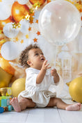 Load image into Gallery viewer, mace and co kids dubai cotton and linen arlo romper in white and beige colour, unisex, ages 9-12 months, perfect for special occasions, birthday parties and playtime.
