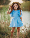 Load image into Gallery viewer, mace and co kids clothing dubai, open back dress in cotton fabric material, for girls from infant, toddler up to to seven years old, perfect for casual wear, parties and playtime, sky blue colour.
