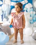 Load image into Gallery viewer, mace and co kids clothing dubai romper with frill collar in baby pink colour, linen fabric material, for girls ages infant, toddler and ages up to seven years old, perfect for parties, special occasions and formal events.
