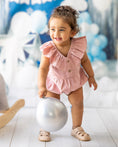 Load image into Gallery viewer, mace and co kids clothing dubai romper with frill collar in baby pink colour, linen fabric material, for girls ages infant, toddler and ages up to seven years old, perfect for parties, special occasions and formal events.
