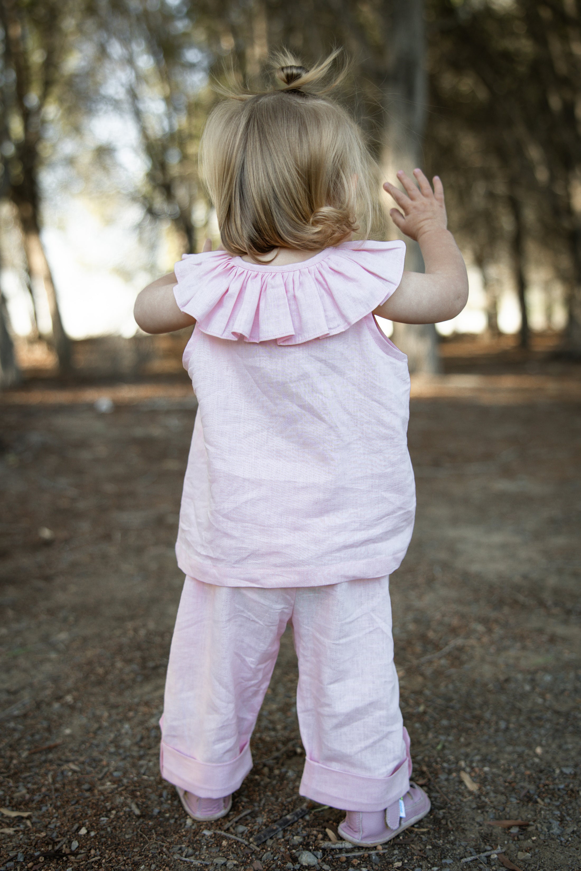 Soft linen frill top and pants two piece set in baby pink colour, outfit for girls, size 12-18 months, perfect for casual wear, playtime and parties