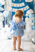 Load image into Gallery viewer, Mace and co kids dubai sky blue linen bow back romper, back view, age 12-18 months
