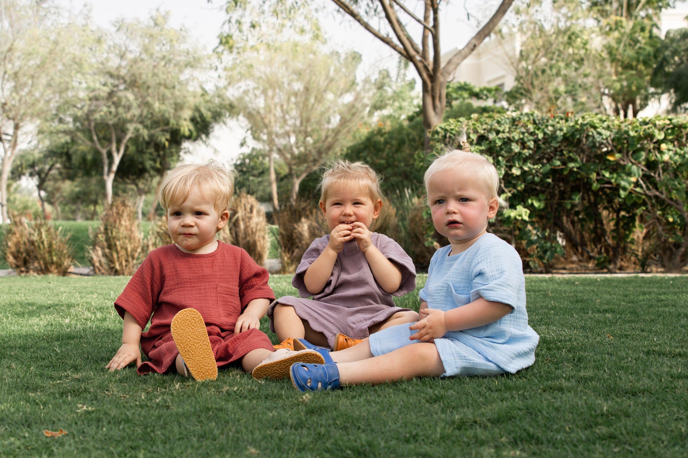 mace and co dubai kids muslin cotton collection, three colours on show, rustic brown, mauve and sky blue, unisex, for both boys and girls, perfect for parties, casual wear and playtime