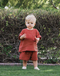 Load image into Gallery viewer, mace and co kids dubai muslin cotton two piece top and shorts set, in rustic brown colour, unisex, for both boys and girls, perfect for parties, playtime and casual wear
