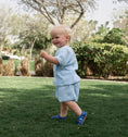 Load image into Gallery viewer, mace and co kids dubai muslin cotton two piece set, top and shorts, in sky blue colour, unisex, for boys and girls, perfect for playtime, parties and casual wear
