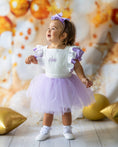 Load image into Gallery viewer, mace and co kids clothing dubai tulle dress in purple and white colour, for girls ages up to seven years old, including infant and toddler. Perfect for special occasions, birthday parties and playtime.
