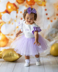 Load image into Gallery viewer, mace and co kids clothing dubai tulle dress in purple and white colour, for girls ages up to seven years old, including infant and toddler. Perfect for special occasions, birthday parties and playtime.
