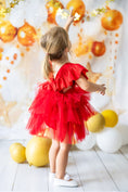 Load image into Gallery viewer, mace and co kids clothing dubai, tutu dress with frills and open back, for girls ages up to seven, including infants and toddlers, red colour, perfect for special occasions, birthday parties and formal events.
