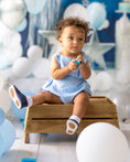 Load image into Gallery viewer, mace and co kids clothing dubai buttoned romper in sky blue colour, linen fabric material, unisex design for boys and girls, ages infant, toddler and up to kids aged seven, perfect for parties, casual wear and playtime.
