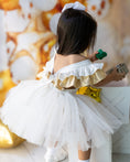 Load image into Gallery viewer, mace and co kids clothing dubai, white and gold colour tulle dress, for girls from infant, toddler and up to seven years old. Perfect for birthday parties, special occasions and formal events.
