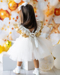 Load image into Gallery viewer, mace and co kids clothing dubai, white and gold colour tulle dress, for girls from infant, toddler and up to seven years old. Perfect for birthday parties, special occasions and formal events.
