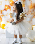 Load image into Gallery viewer, mace and co kids clothing dubai, white and gold colour tulle dress, for girls from infant, toddler and up to seven years old. Perfect for birthday parties, special occasions and formal events.
