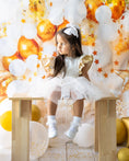 Load image into Gallery viewer, mace and co kids clothing dubai, white and gold colour tulle dress, for girls from infant, toddler and up to seven years old. Perfect for birthday parties, special occasions and formal events.
